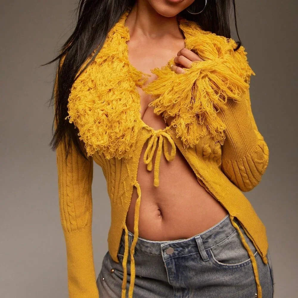 Yellow Casual Women's Fringe Detail Open Front Sweater Cardigan - Picture 2 of 7